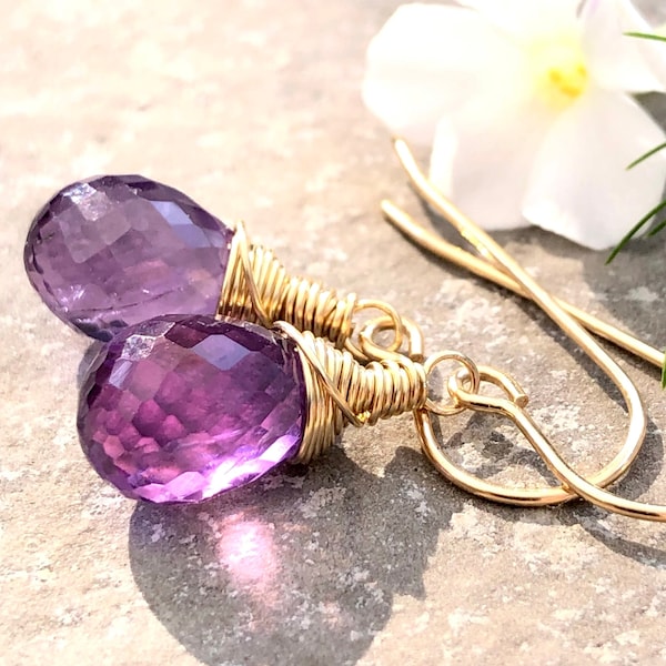 Amethyst Earrings Gold Filled wire wrapped natural purple gemstone simple minimalist dainty dangle drops birthday gift for her women 6475