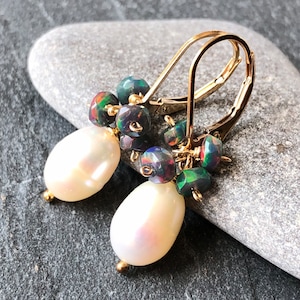 White Pearl Black Ethiopian Opal Gold Filled Earrings natural gemstone delicate dangle drops June October birthstone birthday gift her 7184