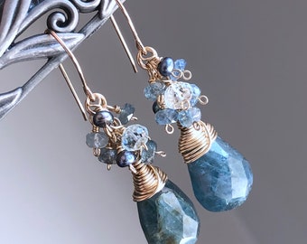 Moss Aquamarine Earrings Gold Filled wire wrapped natural gemstone bohemian statement cluster dangle drops birthday holiday gift her 7446