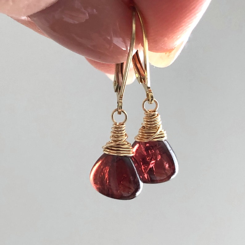 Mozambique Garnet Earrings Gold Filled wire wrapped natural deep red gemstones classic dangle drops January birthstone gift for her 6291 image 6