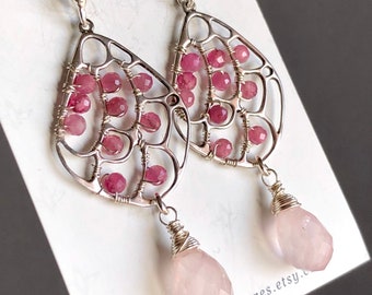 Rose Quartz Pink Tourmaline Earrings Sterling Silver wire wrapped natural gemstone bohemian statement bold dangle drops gift her 7371