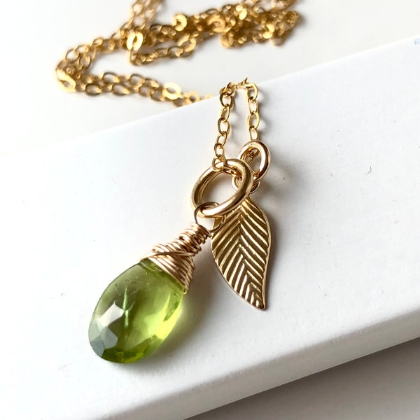 Peridot Gold Filled Necklace wire wrapped genuine natural lime green gemstone dainty drop pendant August birthstone gift for her women 7176