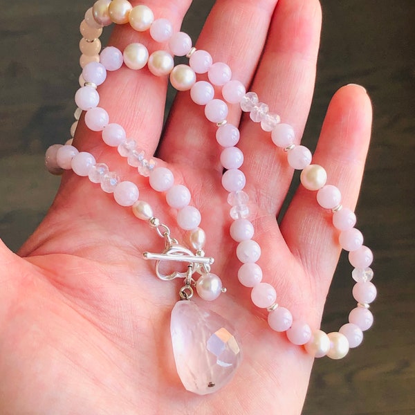 Rose Quartz Pink Pearls Necklace Sterling Silver natural gemstone bohemian statement pendant choker holiday birthday gift for her 7476