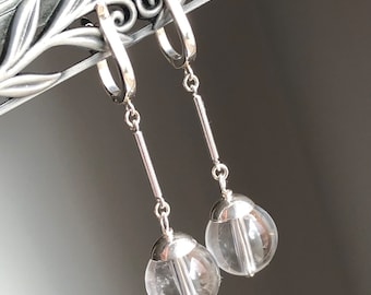 Rock Crystal Earrings Sterling Silver natural clear quartz gemstone modern statement long dangle drops April birthstone gift for her 7393