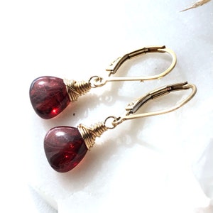 Mozambique Garnet Earrings Gold Filled wire wrapped natural deep red gemstones classic dangle drops January birthstone gift for her 6291 image 3