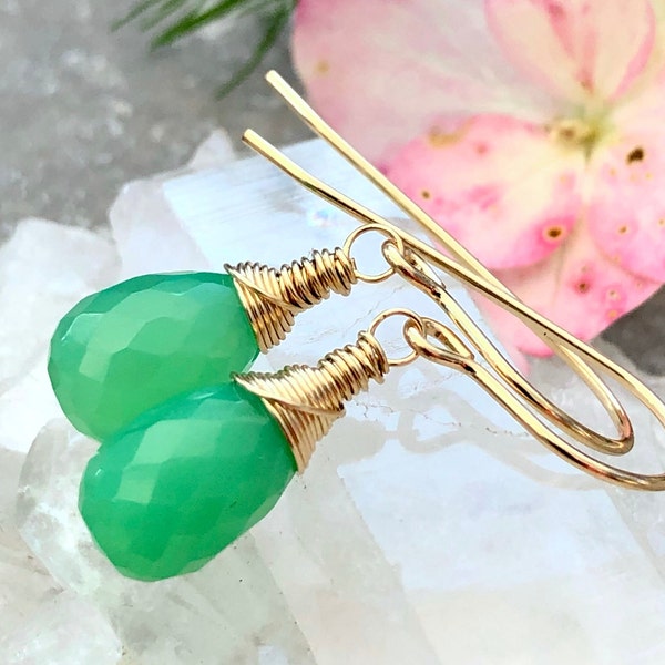 Chrysoprase Earrings Gold Filled wire wrapped natural green gemstone simple minimalist dainty dangle drops birthday gift for her women 6477