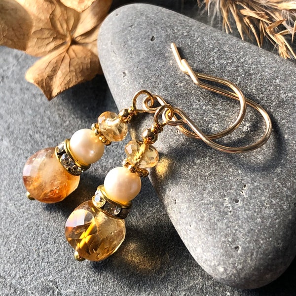 Boucles d'oreilles en perles de citrine, pierres précieuses naturelles jaunes blanches, déclaration bohème en cristal d'or, élégantes gouttes pendantes, cadeau de vacances d'anniversaire pour elle 7239