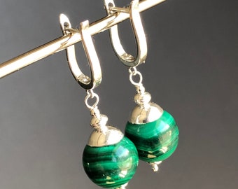 Malachite Earrings Sterling Silver natural green gemstone modern statement bold dangle drops birthday Mother's Day gift for mom her 7451