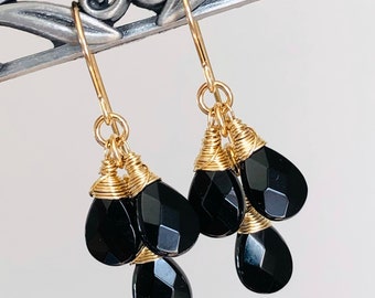 Black Onyx Earrings Gold Filled wire wrapped natural gemstones bohemian dainty cluster dangle drops birthday Mother's Day gift for her 6371