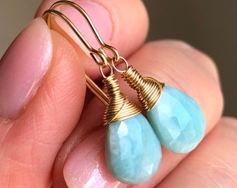 Genuine Larimar Earrings Gold Filled wire wrapped natural blue gemstone handmade artisan dainty dangle drops March April birthstone 6107