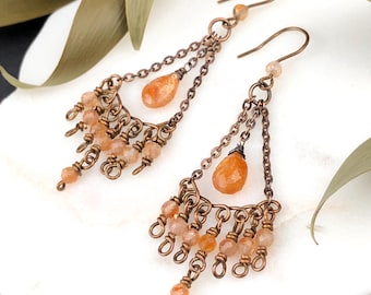 Sonnenstein Kronleuchter Ohrringe, Handgefertigter Kupferdraht Gewickelt Lange Tropfen 8349