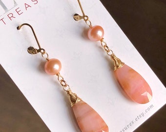 Pink Peru Opal Pearl Earrings Gold Filled wire wrapped natural bohemian statement long dangle drops handmade artisan birthday gift 7410