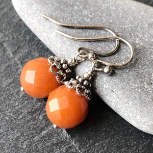 Red Aventurine Earrings Sterling Silver natural orange gemstone classic simple everyday dangle drops birthday Mother's Day gift women 6385