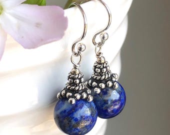 Lapis Lazuli Sterling Silver Earrings, Royal Blue Gemstone Dangle Drops 6320