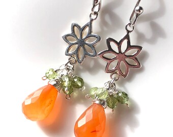 Carnelian Peridot Earrings Sterling Silver wire wrapped natural orange green gemstone boho statement long dangle drops birthday gift 7387