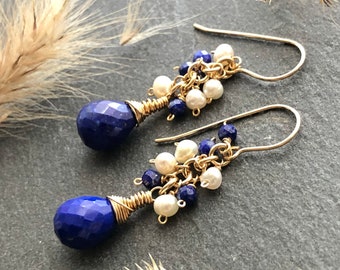 Lapis Pearls Gold Filled Earrings wire wrapped royal blue white gemstones cluster boho dangles birthstone mother's day birthday gift 4160
