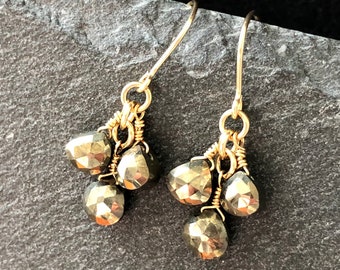 Pyrite Gold Filled Earrings wire wrapped natural golden metallic gemstones boho chic dangle cluster drops birthday gift mom wife 5832