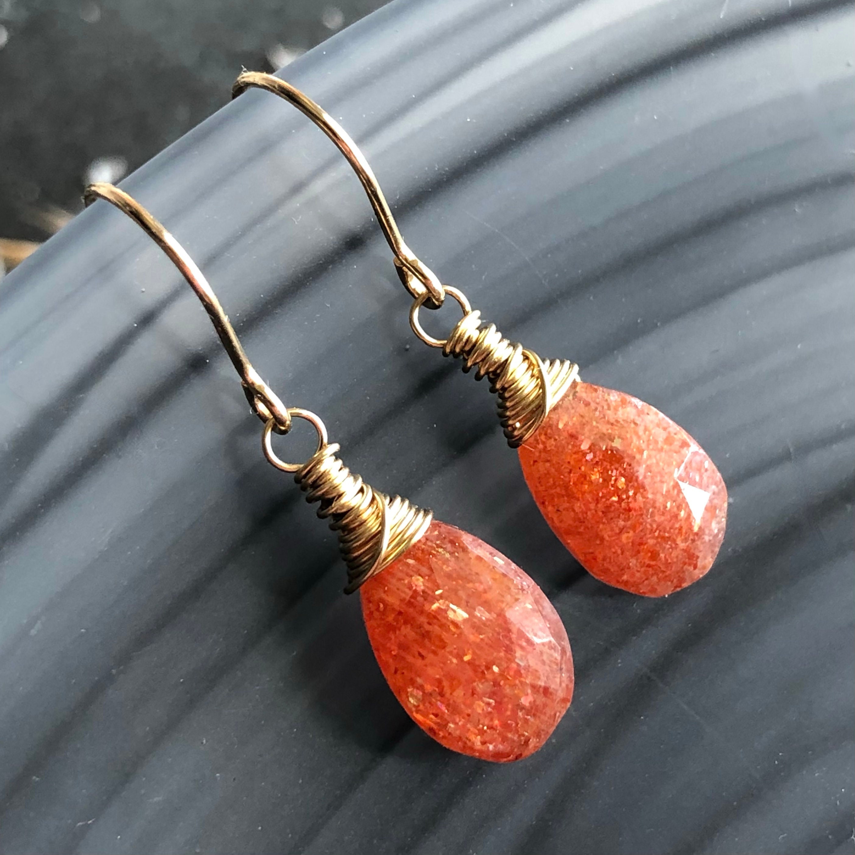 Orange Fire Sunstone Earrings Gold Filled Wire Wrapped Natural