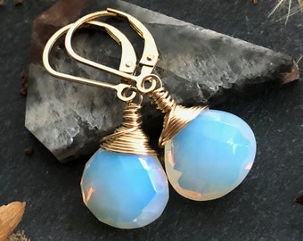 Opalite Earrings Gold Filled wrapped gemstone simple modern minimalist everyday dainty dangle drops boho chic birthday gift for women 6485