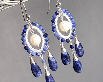 Sodalite White Pearls Earrings Sterling Silver wire wrapped natural blue gemstones bohemian statement chandeliers long dangle drops 7424