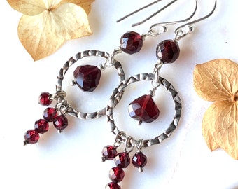 Red Garnet Earrings Sterling Silver wire wrapped natural gemstone bohemian statement long dangle drops hoops holiday day gift for her 7275