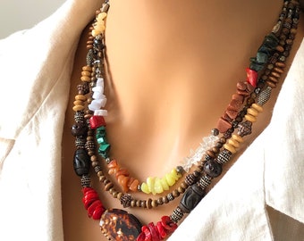 Collar Multi Piedra 3 soportes ágata natural coral jaspe cuarzo calcita madera negrita boho declaración capas modernas colores regalo para ella 7171