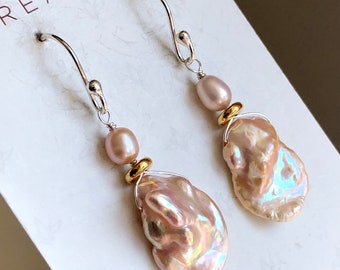 Pink Baroque Pearls Earrings Gold Filled natural gemstone bohemian statement dangle drops boho luxe June birthstone gift for her 7427