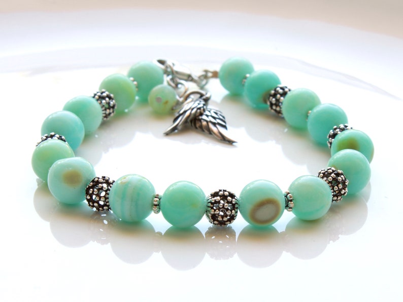 Blue Peruvian Opal Bracelet mother/'s day gift,4648 birthday gift for her angel wings charm 925 Sterling Silver boho luxe blue gemstone