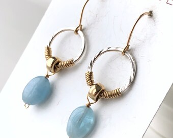 Aquamarine Earrings Sterling Silver Gold Filled blue natural gemstone modern mix metal two tone dangle drops birthday gift for her 7396