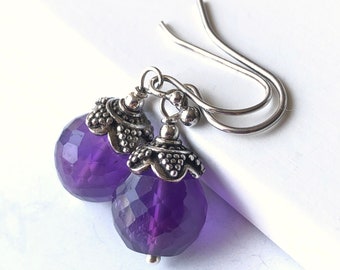 Amethyst Sterling Silver Earrings natural deep purple gemstone dangle drops February birthstone birthday holiday gift for her mom wife 5801