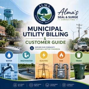 May include: A municipal utility billing and customer guide for Alma's Seal & Surge Consulting. The graphic features a logo, text, and five icons representing water, wastewater, electric, gas, and trash services with corresponding imagery.