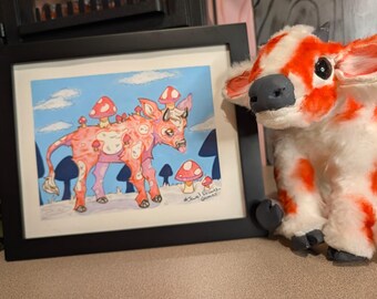 Illustration fantastique encadrée 8×10 (décoration cottagecore) – Dessin à la main représentant une vache champignon