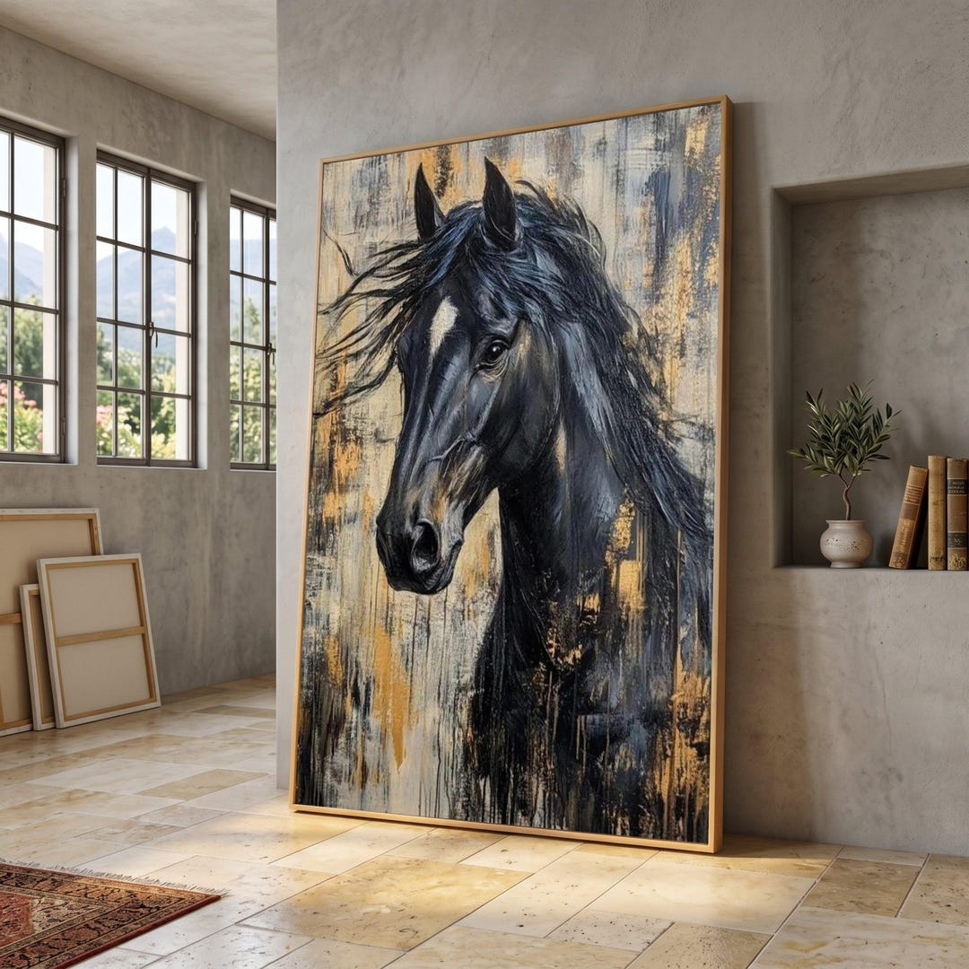 Majestic Black Horse Canvas Print, Abstract Equine Wall Art, Elegant ...