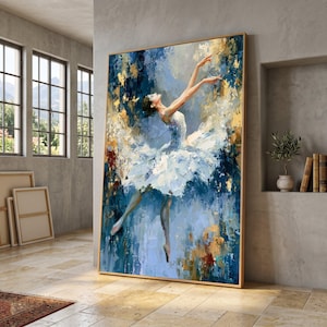 Graceful Ballerina Leap Canvas, Elegant Dance Art, Ballet Wall Decor, Soft Blue Abstract Painting, Women’s Movement Canvas Art