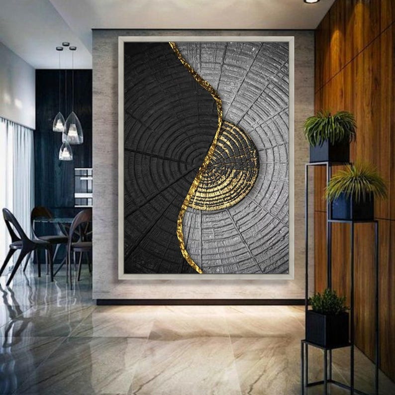 Abstract Tree Rings Canvas Art, Gold Line Wood Pattern Print, Modern ...