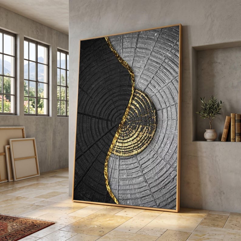 Abstract Tree Rings Canvas Art, Gold Line Wood Pattern Print, Modern ...
