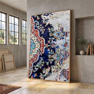 May include: A rectangular wall art piece featuring a vibrant, intricate floral and geometric pattern in shades of deep blue, red, and turquoise, set against a weathered, distressed light gray background within a thin wooden frame.