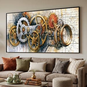 May include: A rectangular wall art print featuring a detailed mechanical illustration of interlocking gears and cogs in shades of gold, silver, and rust. The background displays faint technical sketches and handwritten mathematical equations.