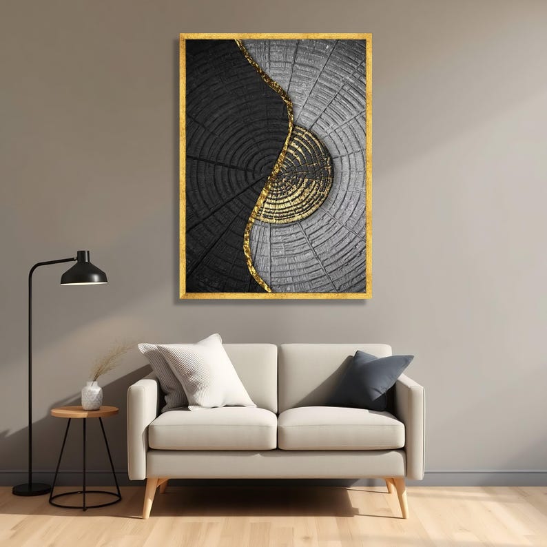 Abstract Tree Rings Canvas Art, Gold Line Wood Pattern Print, Modern ...