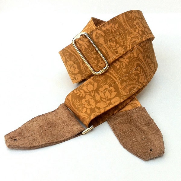 Guitar Strap in Gold Hawaiian Print, Comfortable and Adjustable with Brass Hardware and Suede Leather Ends