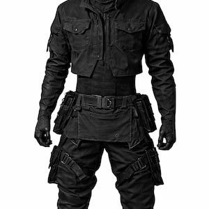 Herr Svart Cyberpunk Taktisk Outfit Techwear Stridsdräkt Postapokalyptisk Streetwear Set