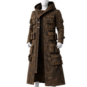May include: A long, brown coat with multiple pockets and a hood. The coat has a distressed, weathered appearance, suggesting a vintage or post-apocalyptic style. The coat is displayed on a mannequin.