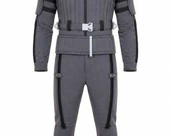 グレーの未来的なタクティカルスーツ、SF戦闘服、宇宙兵士コスプレ衣装