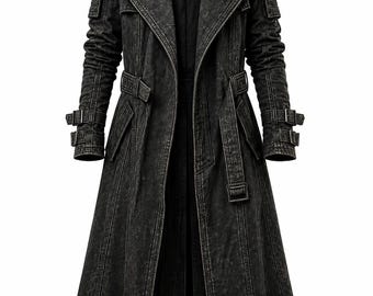 ブラックゴシックロングトレンチコート サイバーパンクレザースタイルダスター ダークウォリアーコスプレコート