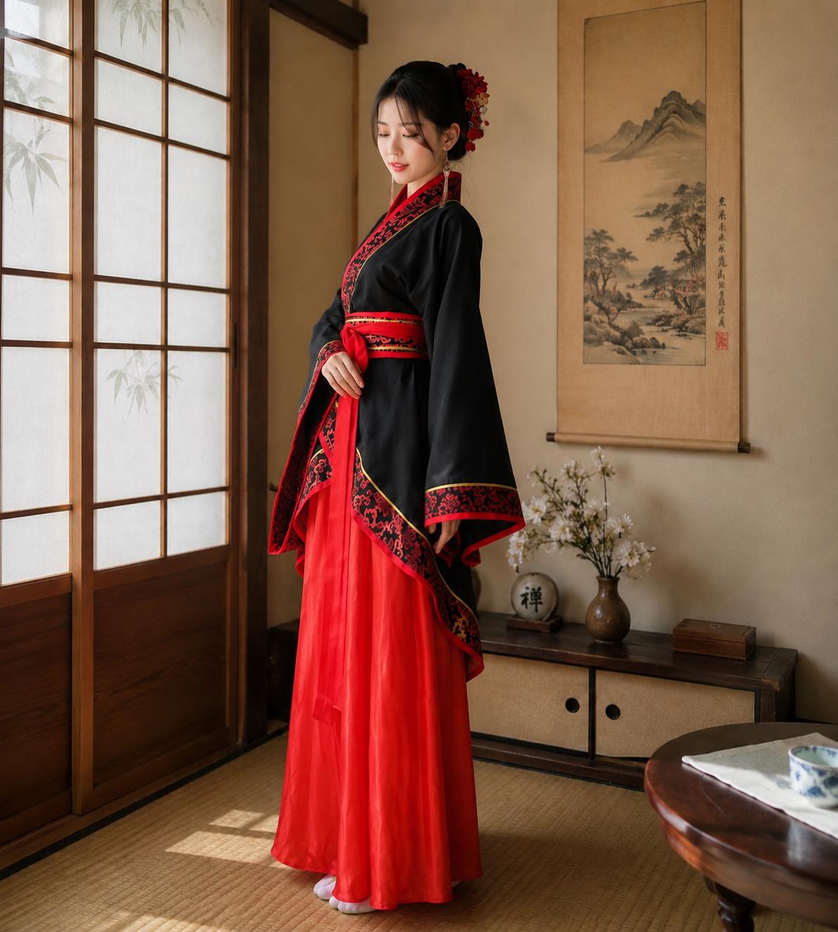 red and black kimono dress Black Red Kimono Dress for Women | Japanese Style Long Robe | Elegant Maxi Dress