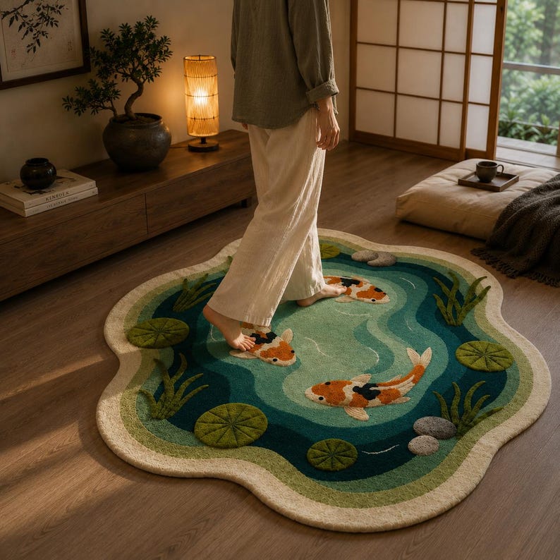 Pode incluir: Um tapete em forma de lagoa com um design de carpas koi. O tapete tem camadas de verde e azul, com nen&uacute;fares e pedras. As carpas koi s&atilde;o laranja, brancas e pretas. O tapete est&aacute; sobre um ch&atilde;o de madeira.
