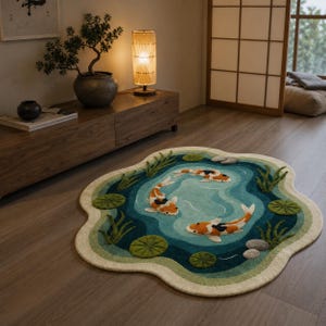 Pode incluir: Um tapete decorativo em forma de lagoa com um design aqu&aacute;tico sereno. O tapete apresenta uma lagoa turquesa e azul com tr&ecirc;s carpas koi em tons de laranja, preto e branco. As nen&uacute;fares verdes e as plantas aqu&aacute;ticas circundam a lagoa.