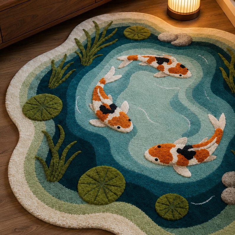 Pode incluir: Um tapete redondo projetado para se assemelhar a um lago de carpas koi. O tapete apresenta um design em camadas com tons de azul e verde, com tr&ecirc;s carpas koi laranja, pretas e brancas, nen&uacute;fares verdes e plantas aqu&aacute;ticas.