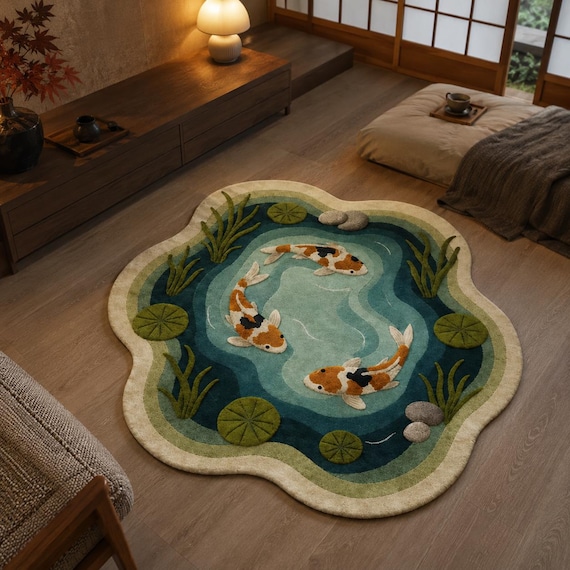 Japanese rug with koi pond motif, Zen rug with fish patterns