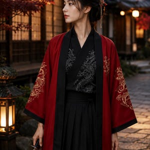 Quimono japonês feminino – Haori bordado com dragão vermelho e preto, traje estilo samurai